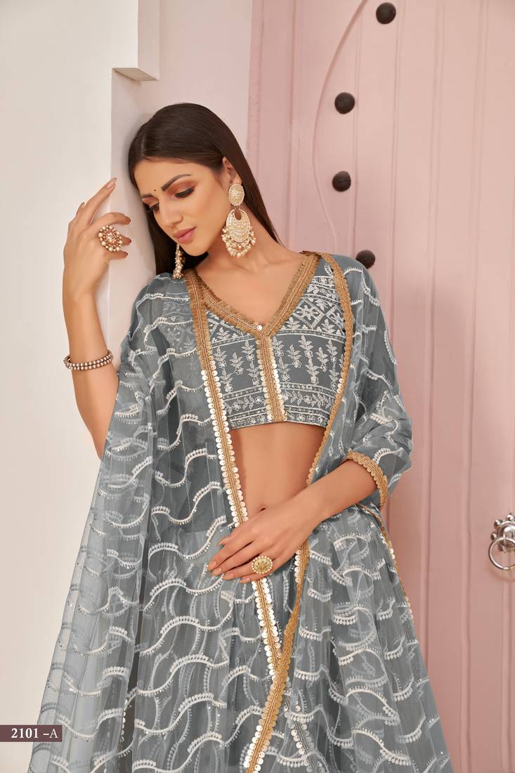 Mesmerizing Grey Butterfly Net White Cotton Thread Zari Sandwich Sequence Work Lehenga Choli For Wedding