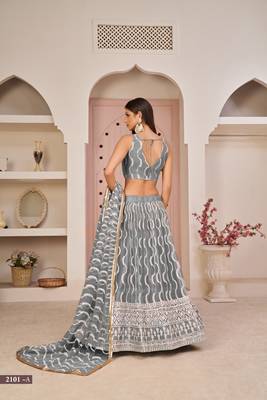 Mesmerizing Grey Butterfly Net White Cotton Thread Zari Sandwich Sequence Work Lehenga Choli For Wedding 4