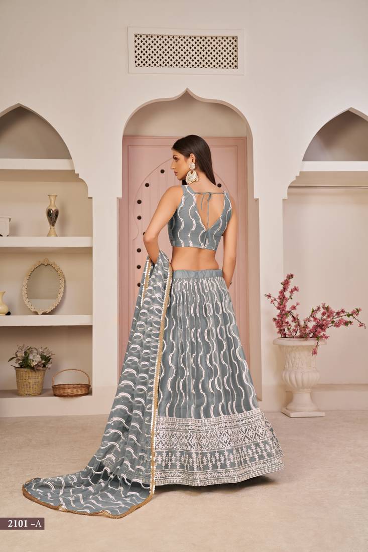 Mesmerizing Grey Butterfly Net White Cotton Thread Zari Sandwich Sequence Work Lehenga Choli For Wedding