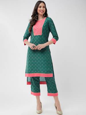Pannkh women's wedding inspired allover printed yoke with lace insert kurta with pant set 1