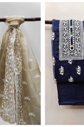 Manvaa Women'S AWSOME Beige And Blue Color Unstitched Heavy Thread Embrodiery  Organza Combo Dress Material 