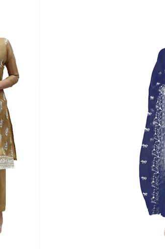 Manvaa Women'S beautiful Beige And Blue Color Unstitched Heavy Thread Embrodiery  Organza Combo Dress Material 