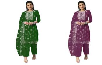 Manvaa Women'S lovely Green And Magenta Color Organza Combo Dress Material 1