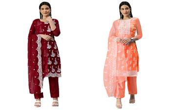 Manvaa Women'S charming Maroon And Orange Color Organza Combo Dress Material 1