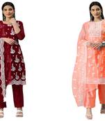 Manvaa Women'S charming Maroon And Orange Color Organza Combo Dress Material