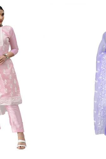 Manvaa Women'S polished Light Purple And Pink Color Unstitched Organza Combo Dress Material 