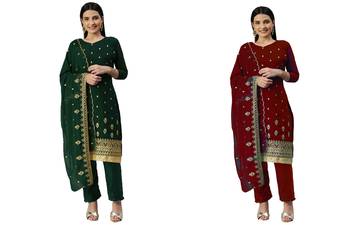 Manvaa Women'S high-class Green And Maroon Color Heavy Zari Embrodiery Georgette Combo Dress Material 1