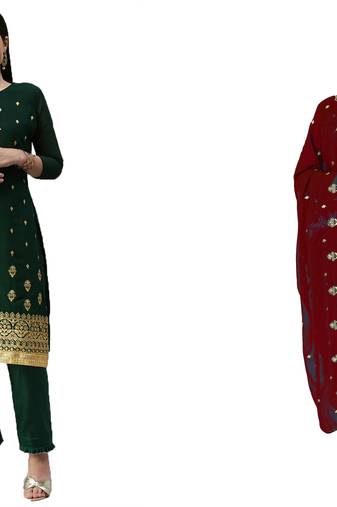 Manvaa Women'S high-class Green And Maroon Color Unstitched Heavy Zari Embrodiery  Georgette Combo Dress Material 