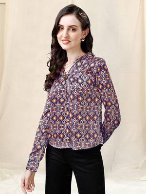 Navy blue mustard geometric print golden show button satin stiched Shirt 2