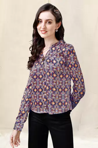 Navy blue mustard geometric print golden show button satin stiched Shirt