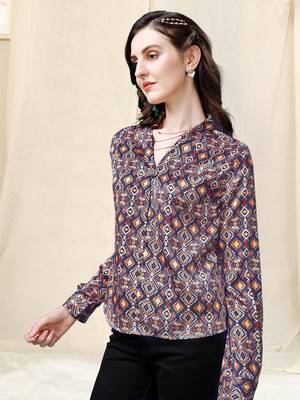 Navy blue mustard geometric print golden show button satin stiched Shirt 3