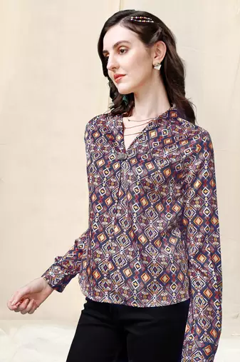 Navy blue mustard geometric print golden show button satin stiched Shirt