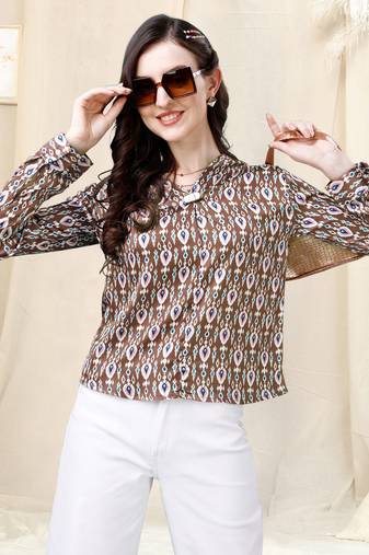 Brown off white ikkat print golden show button satin stiched Shirt