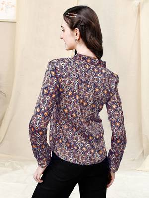 Navy blue mustard geometric print golden show button satin stiched Shirt 4