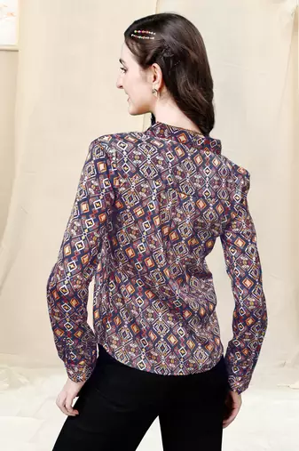 Navy blue mustard geometric print golden show button satin stiched Shirt