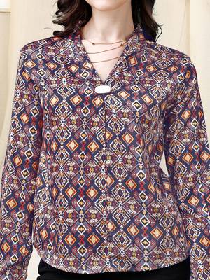 Navy blue mustard geometric print golden show button satin stiched Shirt 5