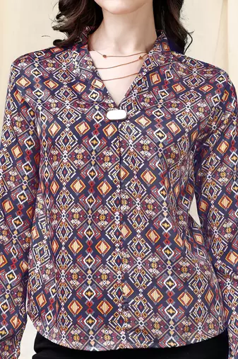 Navy blue mustard geometric print golden show button satin stiched Shirt