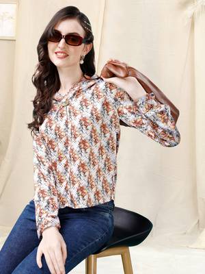 White multicolor geometric print golden show button satin stiched Shirt 1