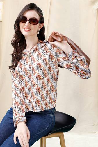White multicolor geometric print golden show button satin stiched Shirt