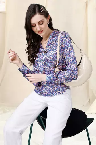 Beige blue geometric print golden show button satin stiched Shirt