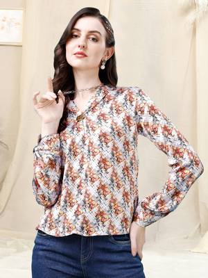 White multicolor geometric print golden show button satin stiched Shirt 2