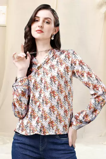 White multicolor geometric print golden show button satin stiched Shirt