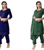 Manvaa Women'S AMAZING Blue And Green Color Unstitched Embrodiery Combo Dress Material 