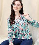 Light teal coral blue abstract print golden show button satin stiched Shirt