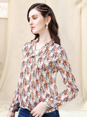 White multicolor geometric print golden show button satin stiched Shirt 3