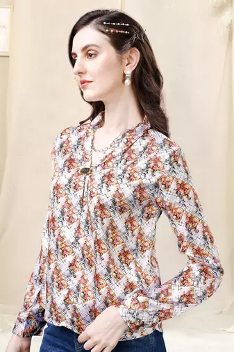 White multicolor geometric print golden show button satin stiched Shirt