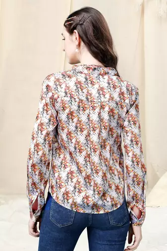 White multicolor geometric print golden show button satin stiched Shirt
