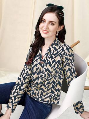 Cream beige dark blue geometric print golden show button polyester stiched Shirt 1