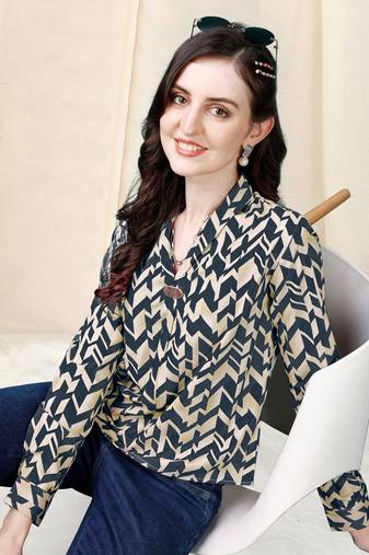 Cream beige dark blue geometric print golden show button polyester stiched Shirt