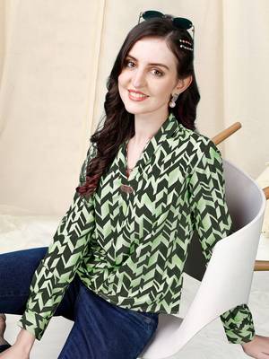 Parrot green geometric print golden show button polyester stiched Shirt 1