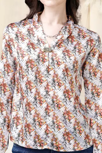 White multicolor geometric print golden show button satin stiched Shirt