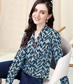 Light blue dark dusty blue geometric print golden show button polyester stiched Shirt