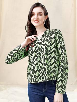 Parrot green geometric print golden show button polyester stiched Shirt 2