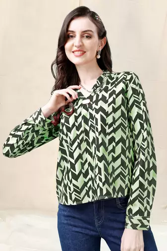 Parrot green geometric print golden show button polyester stiched Shirt
