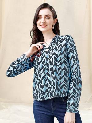 Light blue dark dusty blue geometric print golden show button polyester stiched Shirt 2