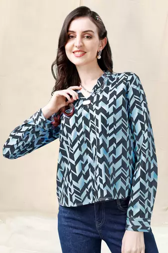 Light blue dark dusty blue geometric print golden show button polyester stiched Shirt