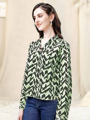 Parrot green geometric print golden show button polyester stiched Shirt 3