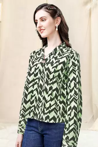 Parrot green geometric print golden show button polyester stiched Shirt