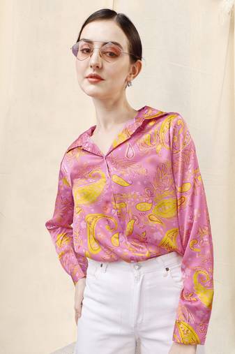 Pink yellow paisley print button placket satin stiched Shirt