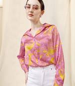 Pink yellow paisley print button placket satin stiched Shirt