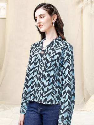 Light blue dark dusty blue geometric print golden show button polyester stiched Shirt 3