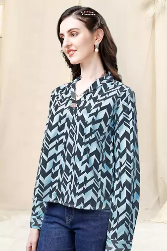Light blue dark dusty blue geometric print golden show button polyester stiched Shirt