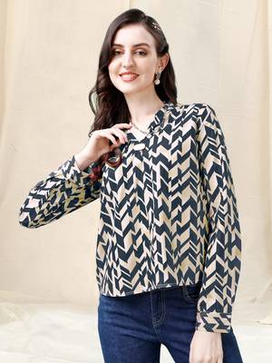 Cream beige dark blue geometric print golden show button polyester stiched Shirt 2