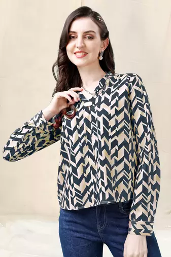 Cream beige dark blue geometric print golden show button polyester stiched Shirt