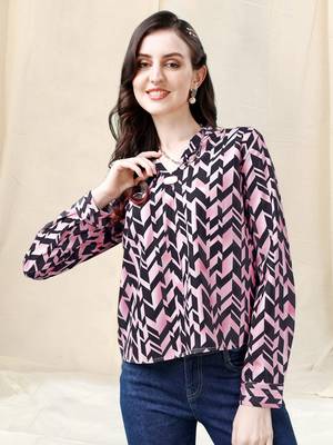 Light pink dark navy blue geometric print golden show button polyester stiched Shirt 2