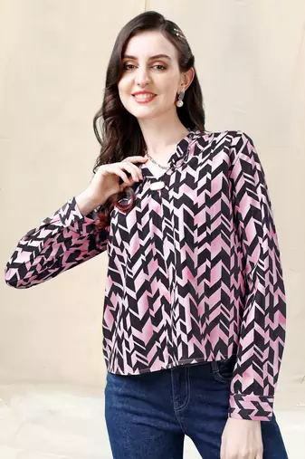 Light pink dark navy blue geometric print golden show button polyester stiched Shirt